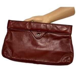 70s Etienne Aigner Oxblood Cordovan Leather Clutch Bag w Brass Logo